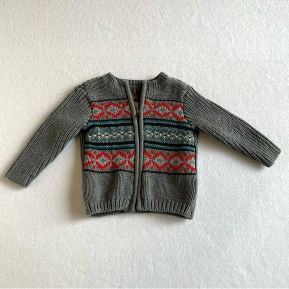 Tea Collection Grey Fair Isle Pattern Knit Zippered Sweater 6-12m